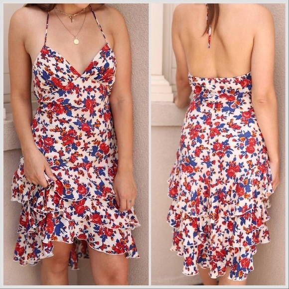 Betsey Johnson Vintage Halter Neck Silk Floral Red Blue White Dress Sz 0 - Picture 1 of 16